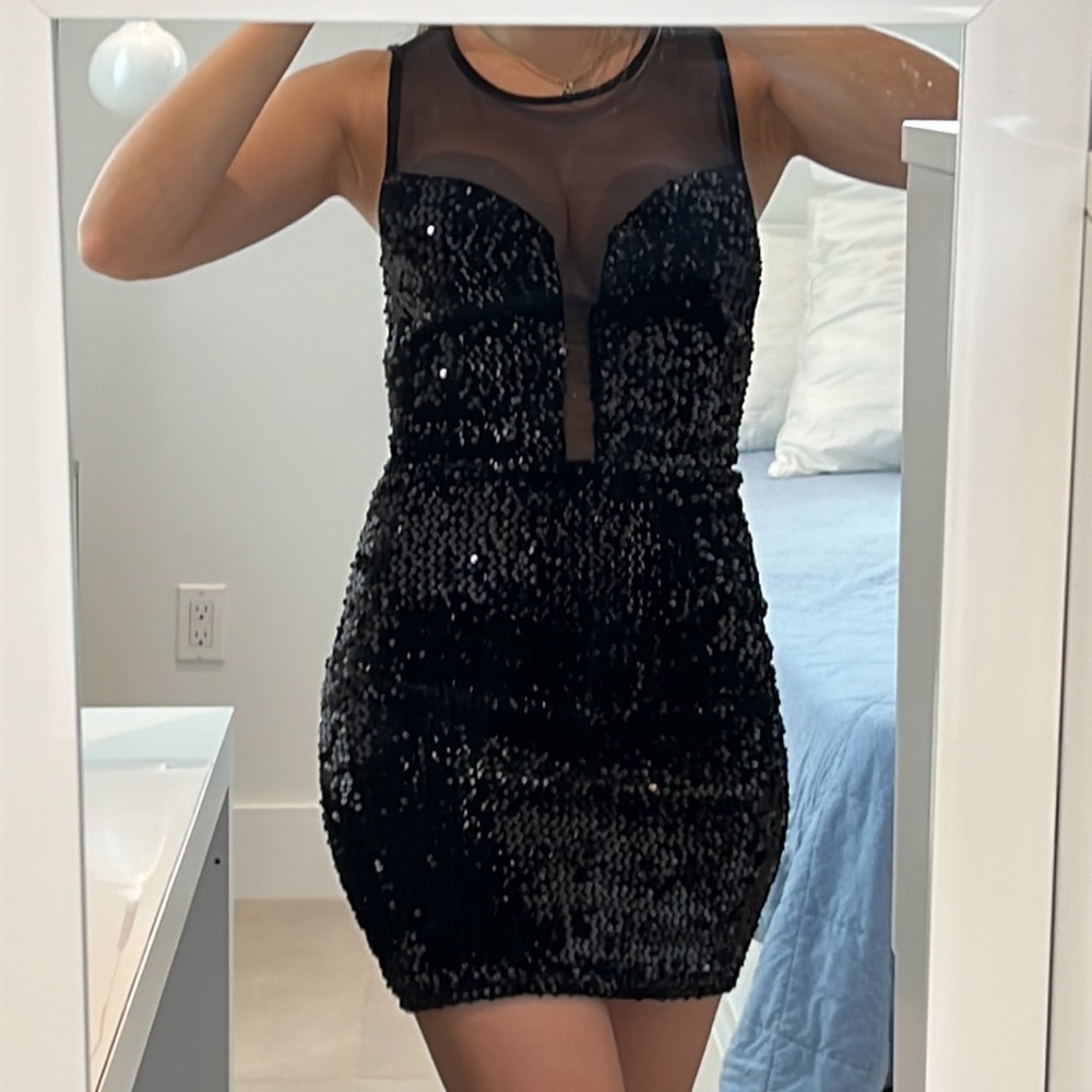 Women size small Black sequin with mesh bodycon fitted dress with back zipper
